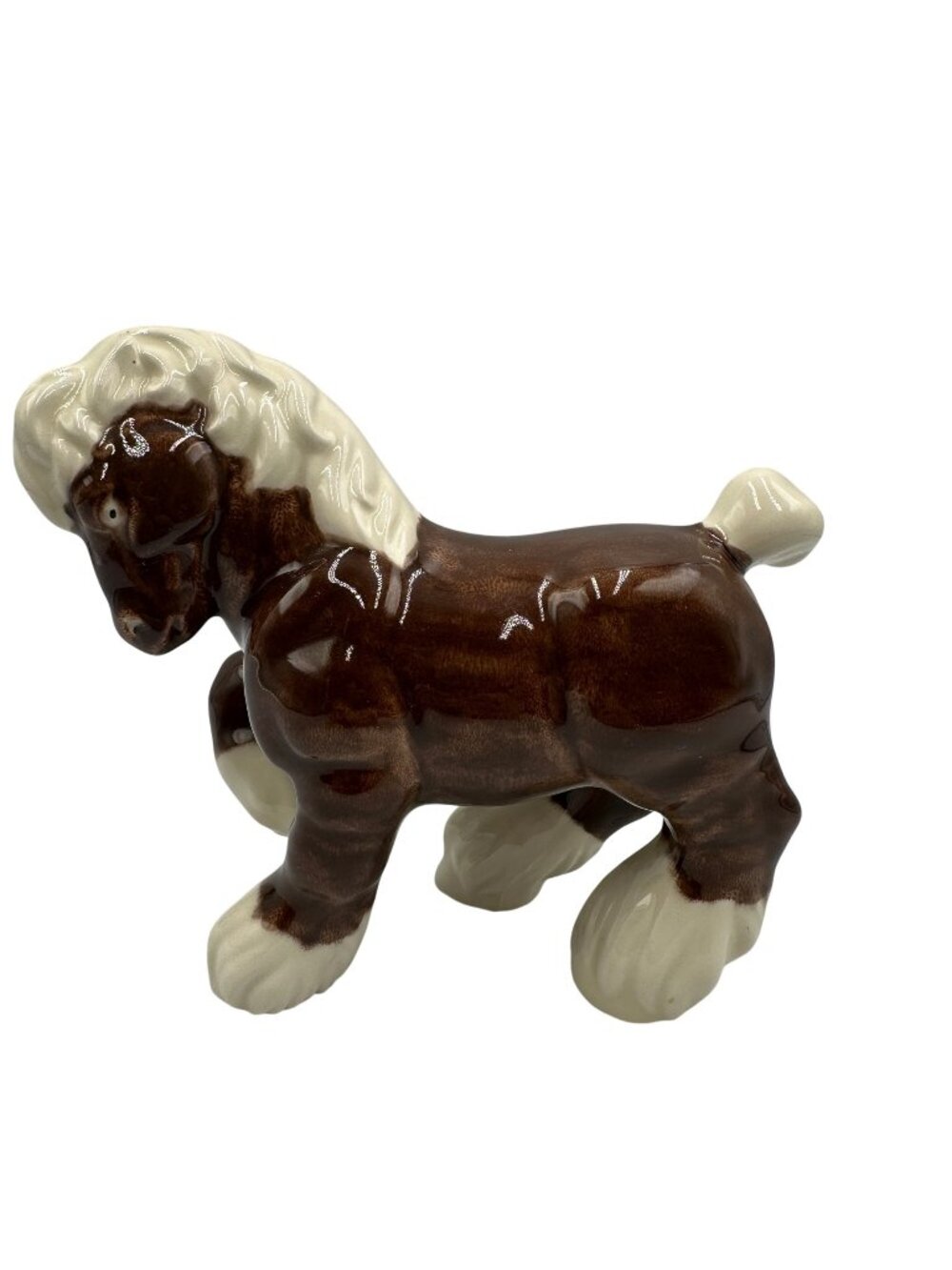 Vintage Ceramic Brown & Ivory Horse Figurine Glossy Finish Home Decor